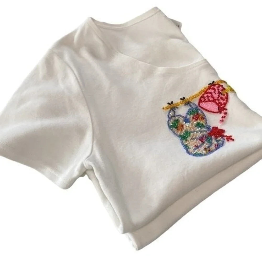 PARADISO Clothes Line Beaded Short Sleeve Cropped Tee Top Cotton Scoop Neck Cute - Picture 11 of 11